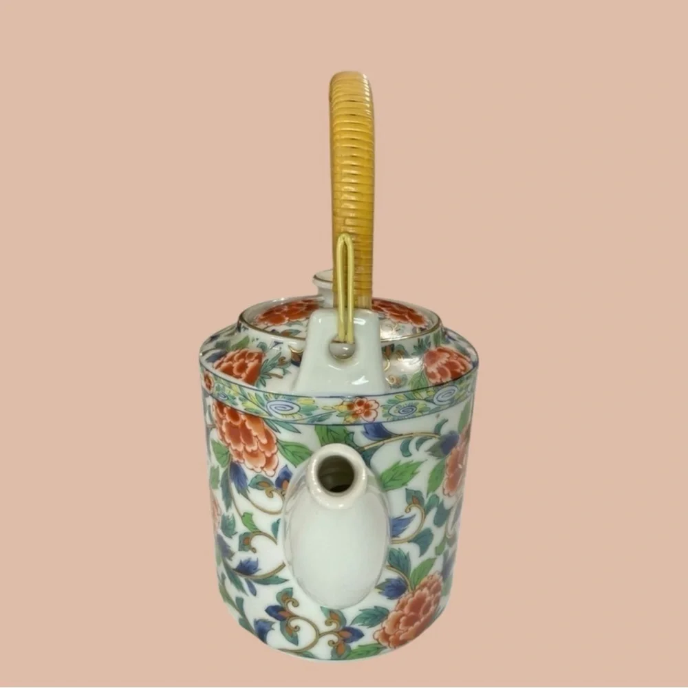 Vintage Takahashi Style Japanese Porcelain Teapot Bamboo Handle Peony Sakura